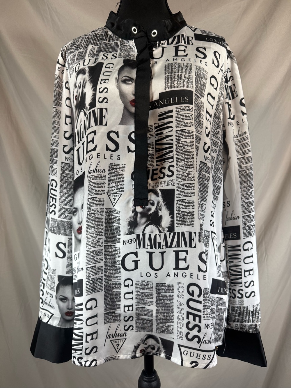 Guess Factory Palmer Newspaper Print Satin Blouse Black/White - Size Mesium